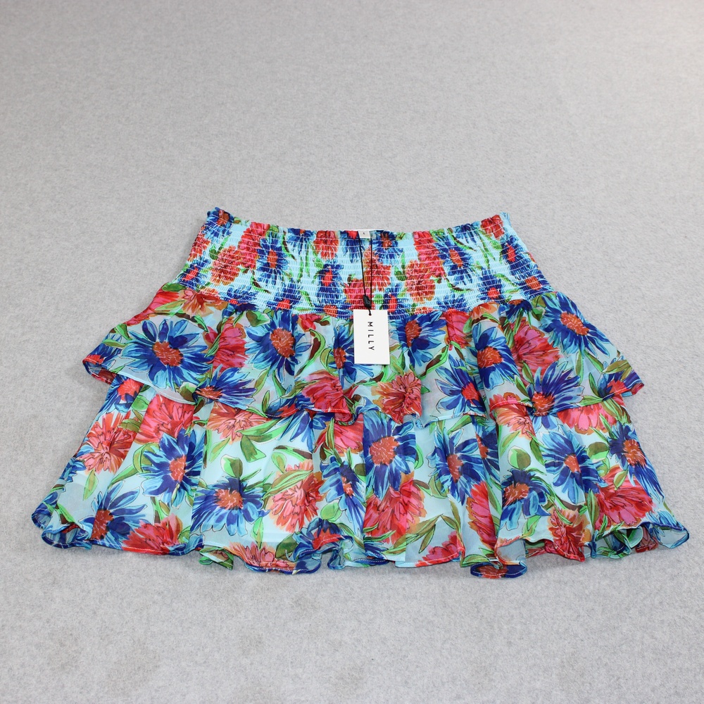 Milly Skirt Women 6 Blue Floral Ruffle Mini Elastic Waist Chiffon Lined Tropical